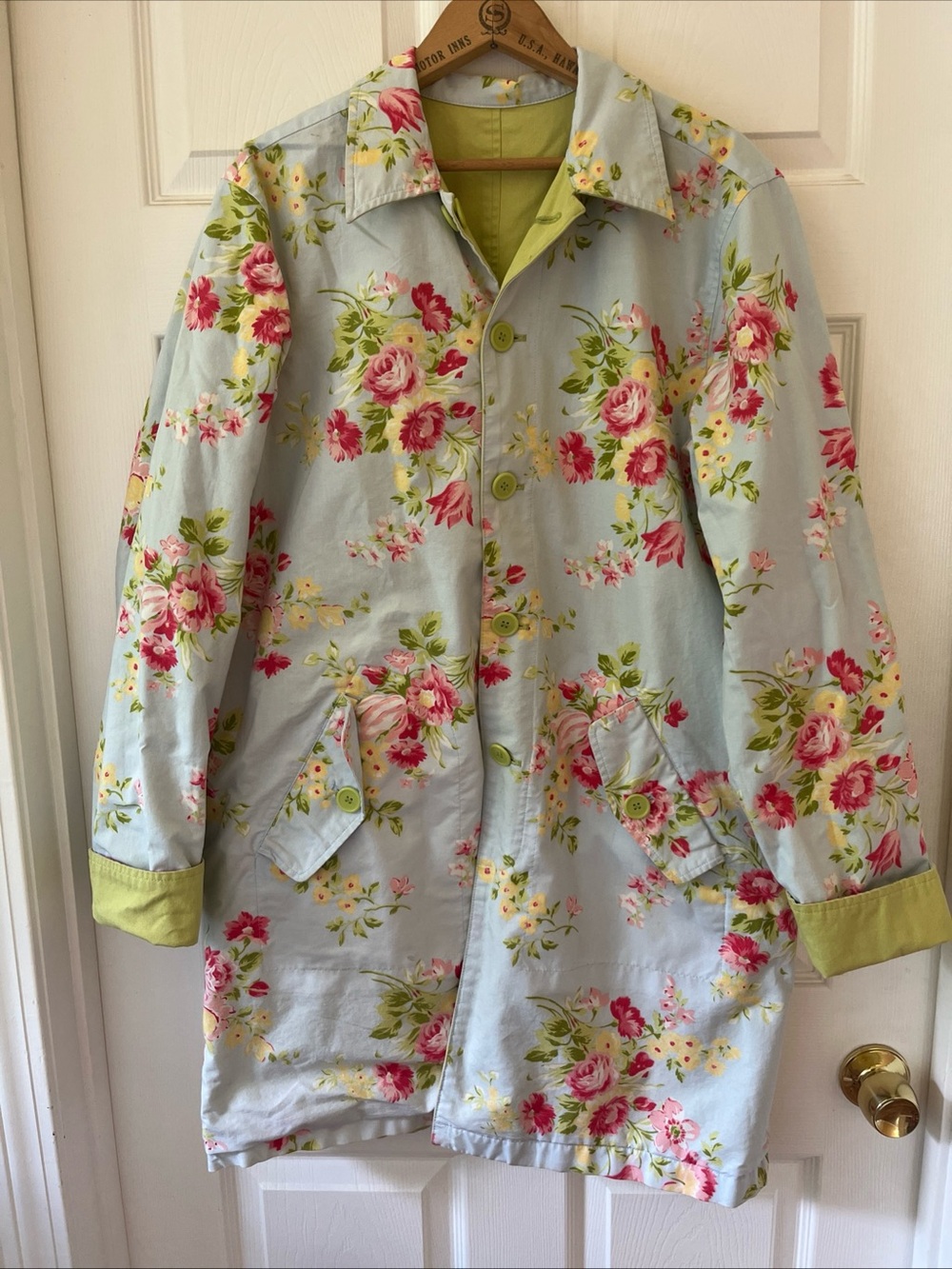 Vintage Liz Claiborne Crazy Horse Coat XL Reversible Cotton Trench Lime Floral